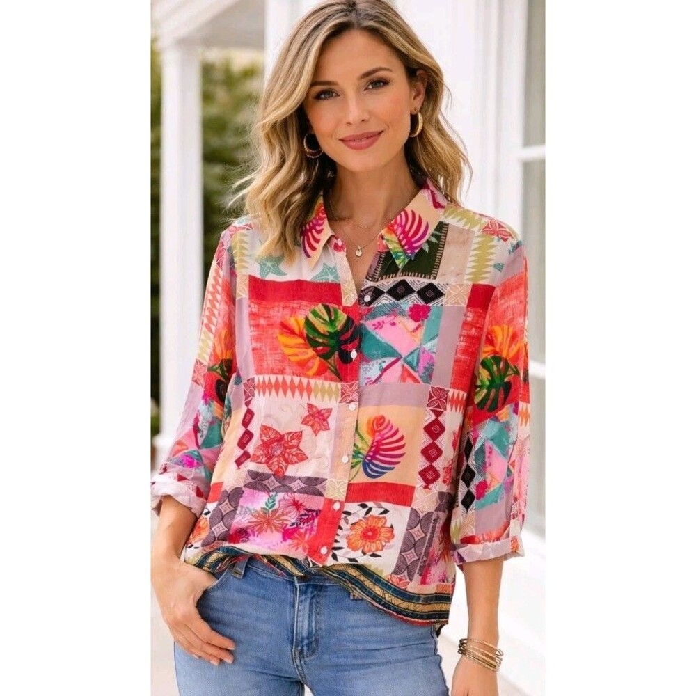 Beau Chemise Blouse Size L Floral Button 100% Viscose Silk - Picture 1 of 6